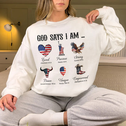 Teesdily | God Says I Am Shirt, American Flag Cowboy Sweatshirt, Eagle Heart Statue of Liberty Mug, Jesus Christ Mug Gifts