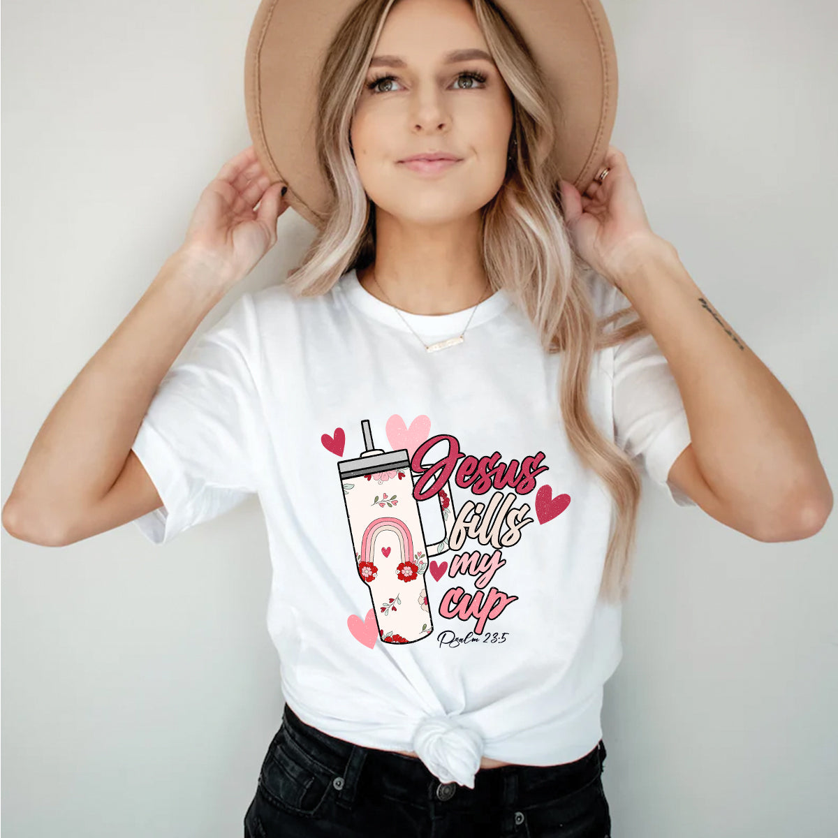 Teesdily | Jesus Valentine Day Womens Tops, Jesus Fills My Cup Sweatshirt Hoodie Mug, Valentines Short Sleeve Top, Christian Valentine Day Gifts