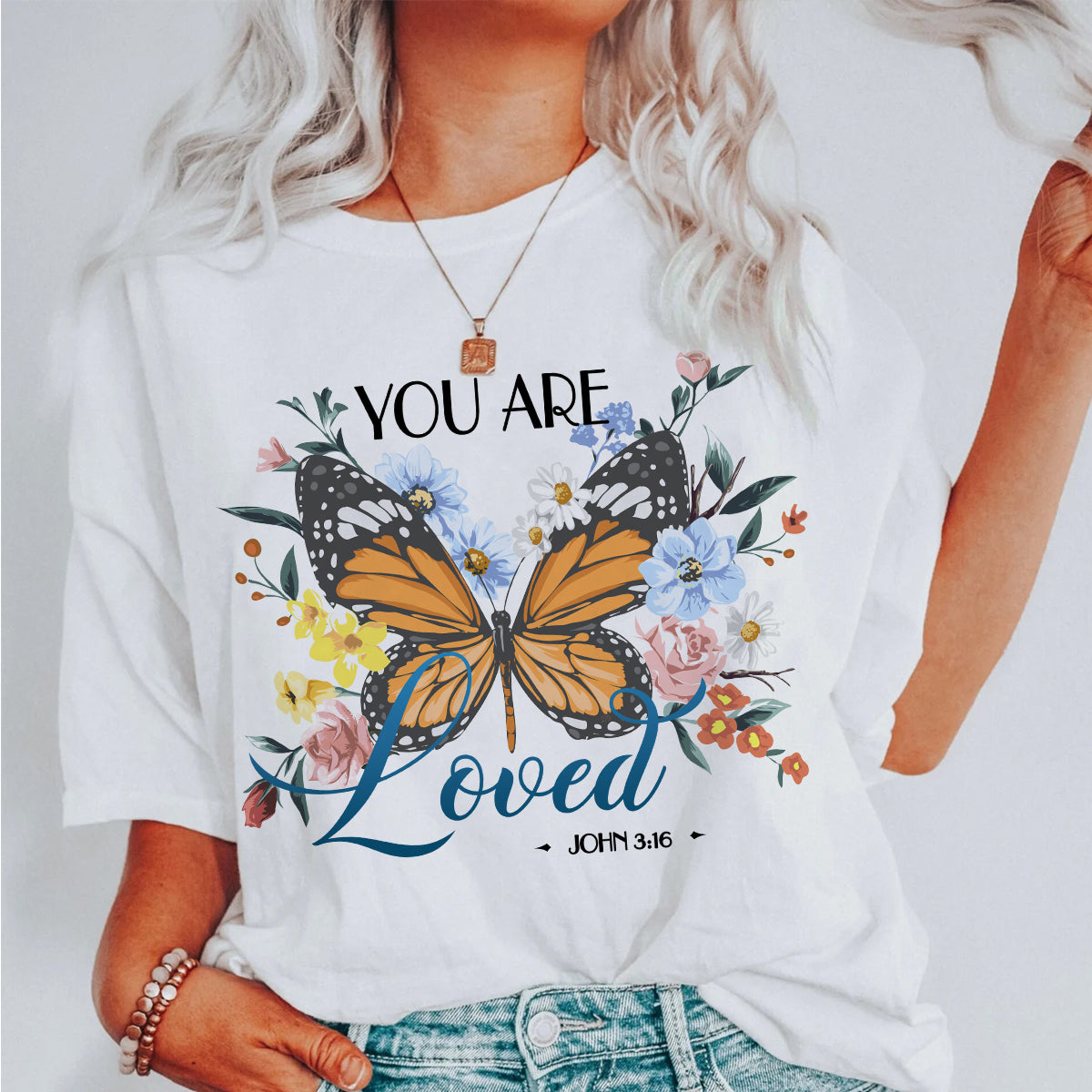 Teesdily | Christian Butterfly Flower Women Short Sleeve Tops You Are Loved Basic Sweatshirt Hoodie Mug God Bible Verse Christian Religious Gifts