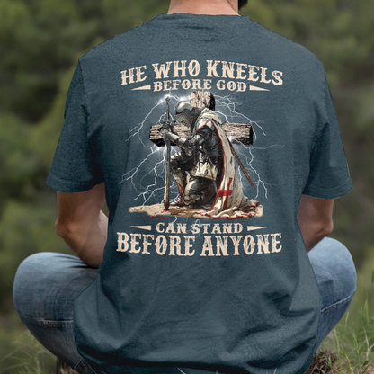 Teesdily | He Who Kneels Before God Shirt, Jesus Warrior Sweatshirt, Christian Cross Faith Hoodie Mug, Religious Gift Men