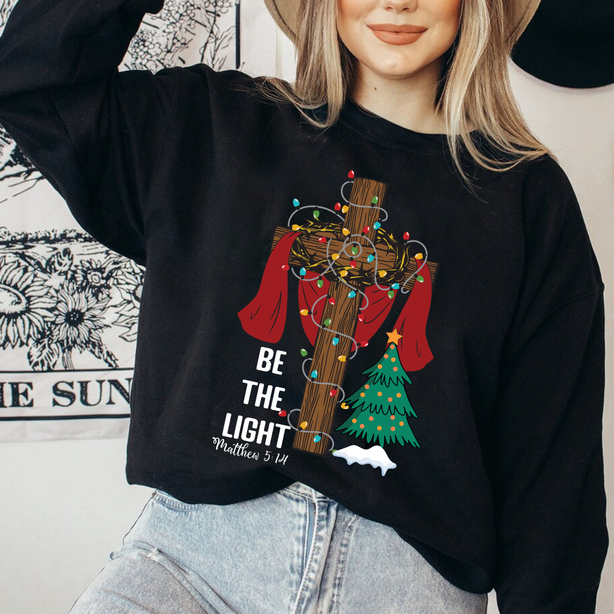 Teesdily | Be The Light Christmas Shirt, Jesus Cross Christmas Tree Sweatshirt, Christmas Family Hoodie Mug, Faith Religious Gift