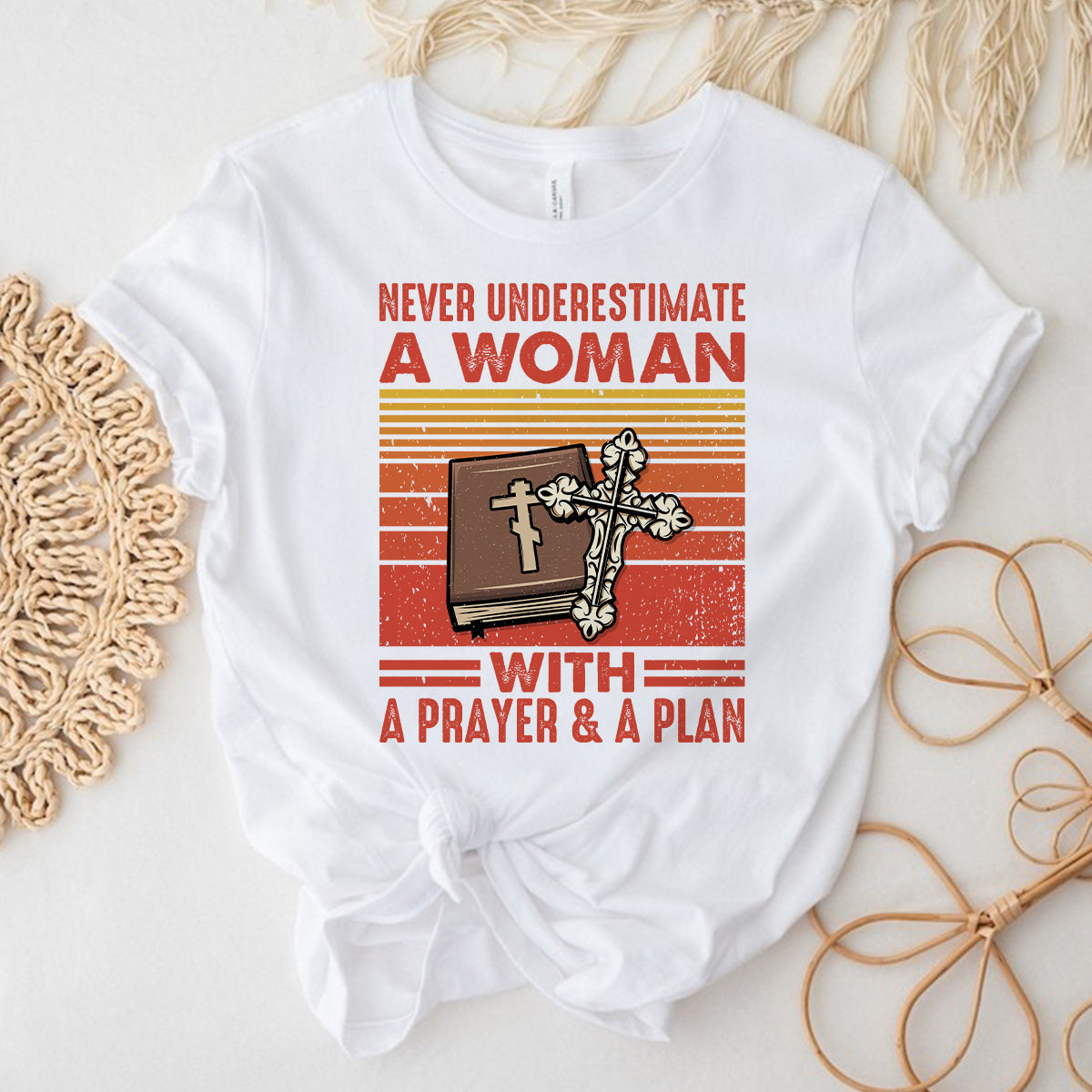 Teesdily | Jesus Christian Bible Book Retro Tshirt Never Underestimate A Woman With A Prayer And A Plan Sweatshirt Hoodie Mug Christian Gift Ideas