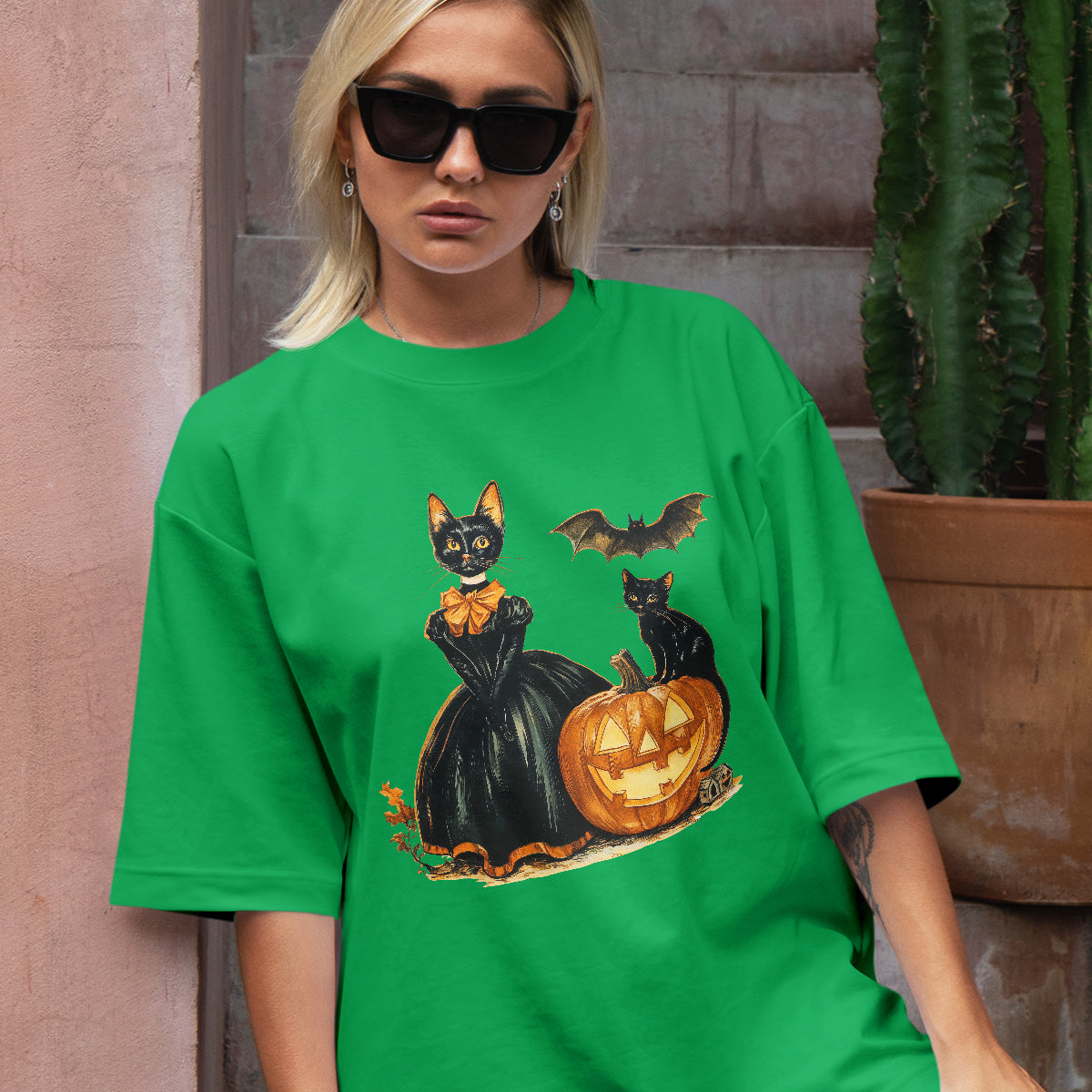 Teesdily | Childless Cat Lady Full Color Shirt, Halloween Pumpkin Witch And Cat Sweatshirt, Witchy Black Cat Hoodie Mug