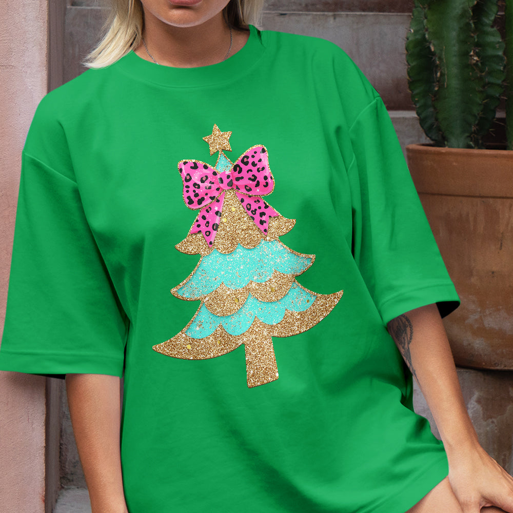 Teesdily | Christmas Tree Bow Shirt, Christmas Coquette Bow Glitter Leopard Sweatshirt, Christmas Hoodie Mug For Women