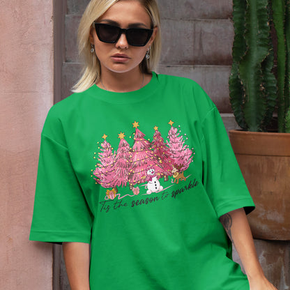 Teesdily | Pink Christmas Tree Snowman Christmas Shirt, Tis The Season To Sparkle Tee Sweatshirt Hoodie Mug, Christmas Gift