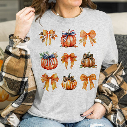 Teesdily | Retro Fall Pumpkin Shirt, Retro Halloween Coquette Bow Spooky Mama Sweatshirt Hoodie Mug, Fall Pumpkin Coquette Bow T-shirt