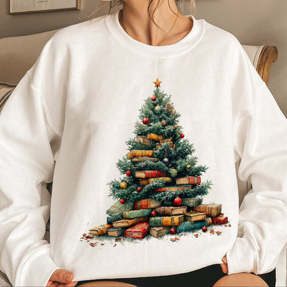 Teesdily | Book Christmas Tree Shirt, Christmas Bookworm Shirt, Reading Sweatshirt Hoodie Mug, Book Lover Gift, Librarian Shirt, Christmas Gift