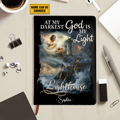 Teesdily | Personalized Jesus Lighthouse Storm Notebook, At My Darkest God Is My Light Notebook, God Faith Religious Gift, Christian Leather Journal