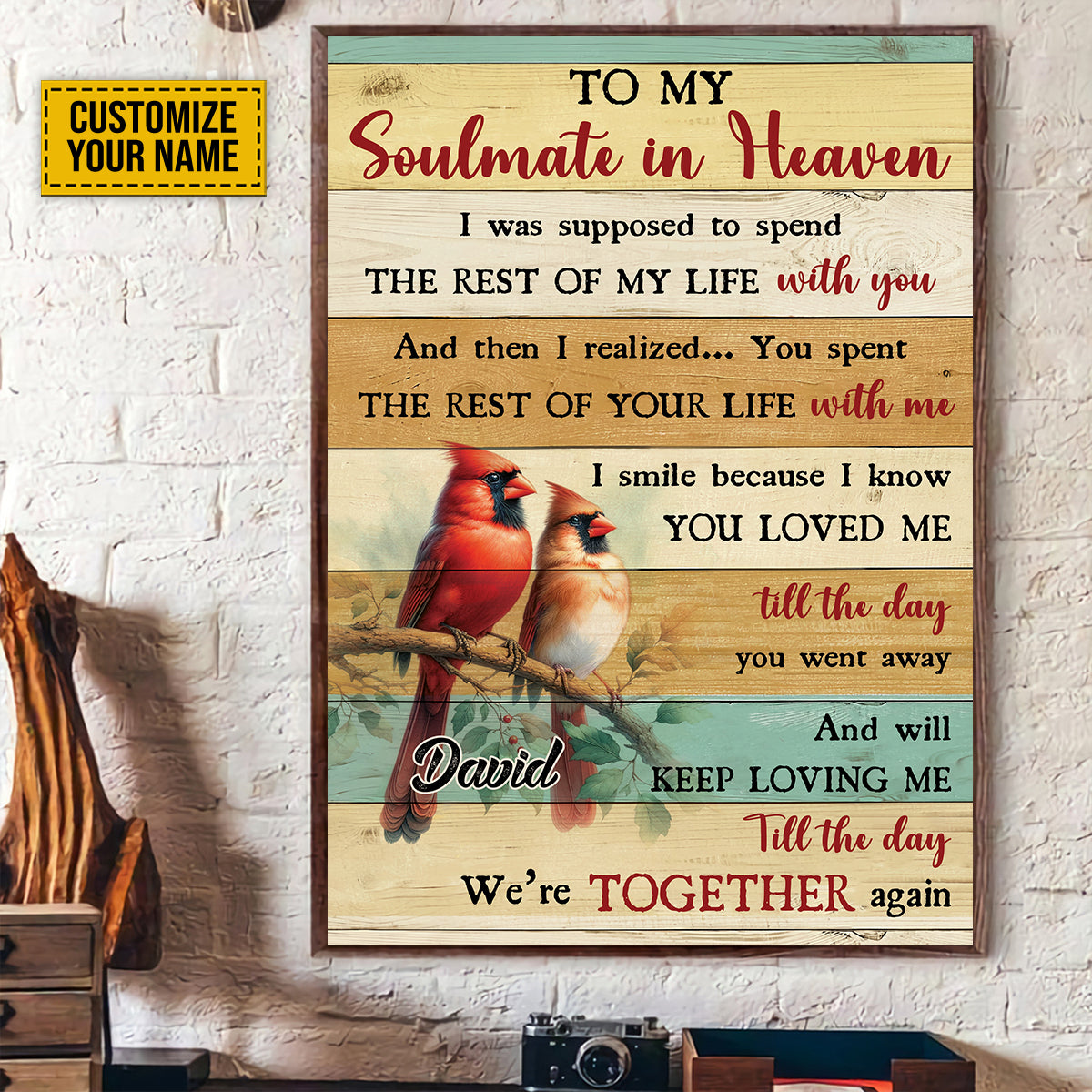 Teesdily | Customized Cardinal Bird Memorial Poster, To My Soulmate In Heaven Poster Canvas, Memorial Anniversary Gifts Memorial Remembrance Gifts