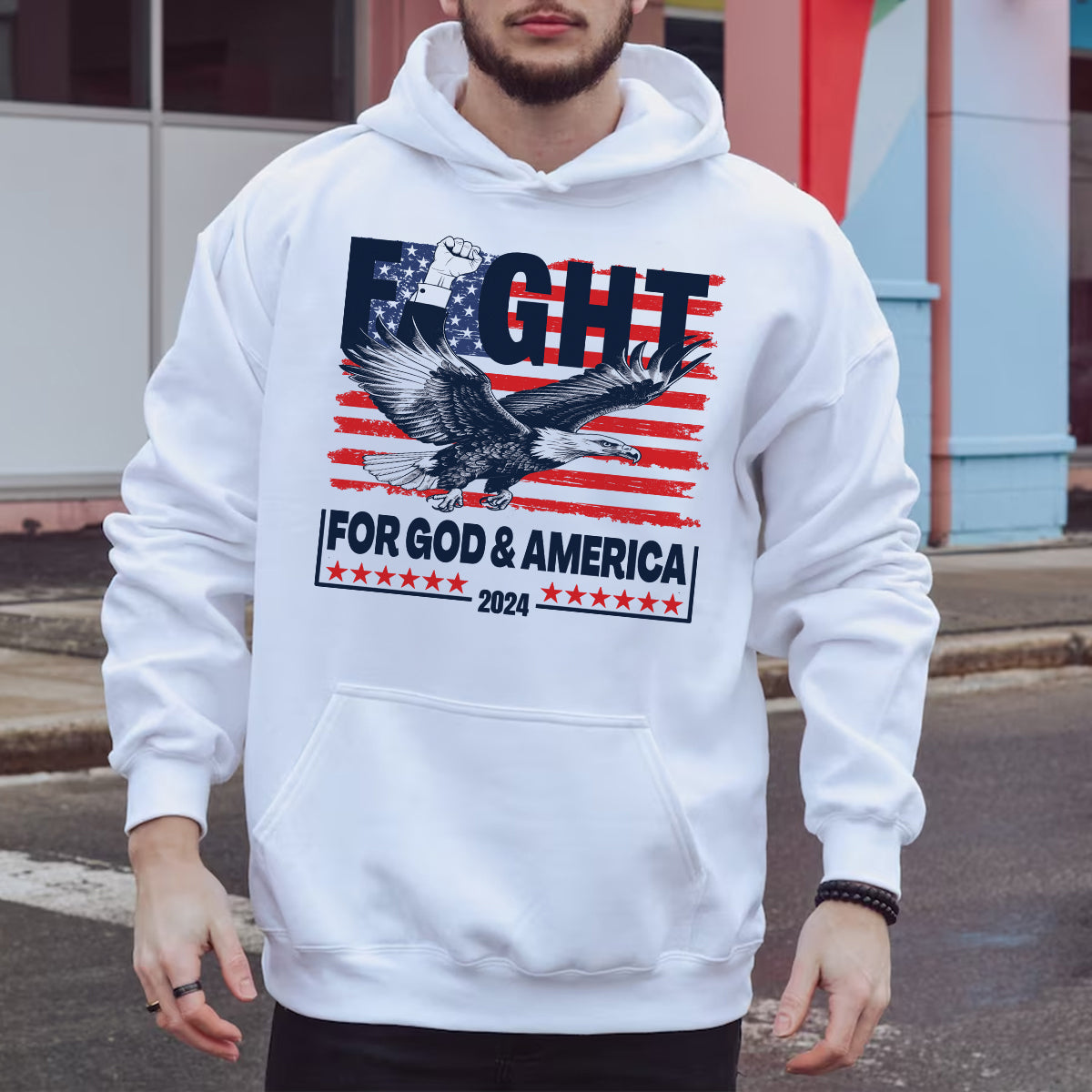 Teesdily | Eagle Fight 2024 American Flag Shirt, Fight For God And America Sweatshirt Hoodie Mug, Patriot T-shirt, American Pride Gifts