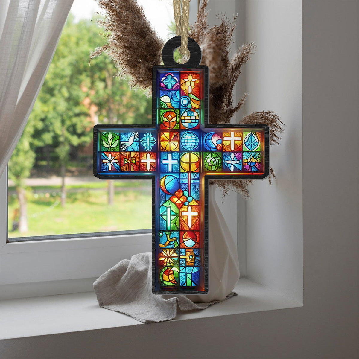 Teesdily | Customized Suncatcher Style, Jesus Cross Suncatcher Christmas Ornament, Xmas Home Decoration, Jesus Lovers Gift, God Faith Believers Gifts