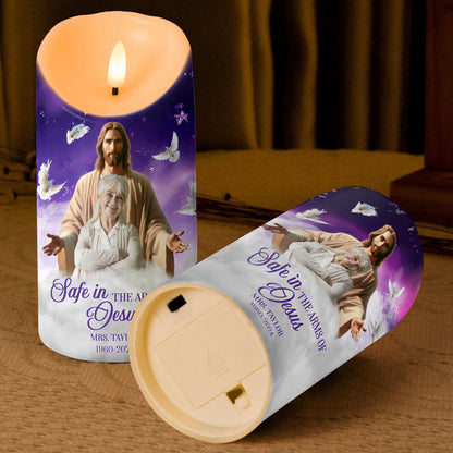 Teesdily | Customized Memorial Jesus Christ Led Candle, Safe In The Arms Of Jesus Flameless Candle Christmas Gift, Keepsake Gift