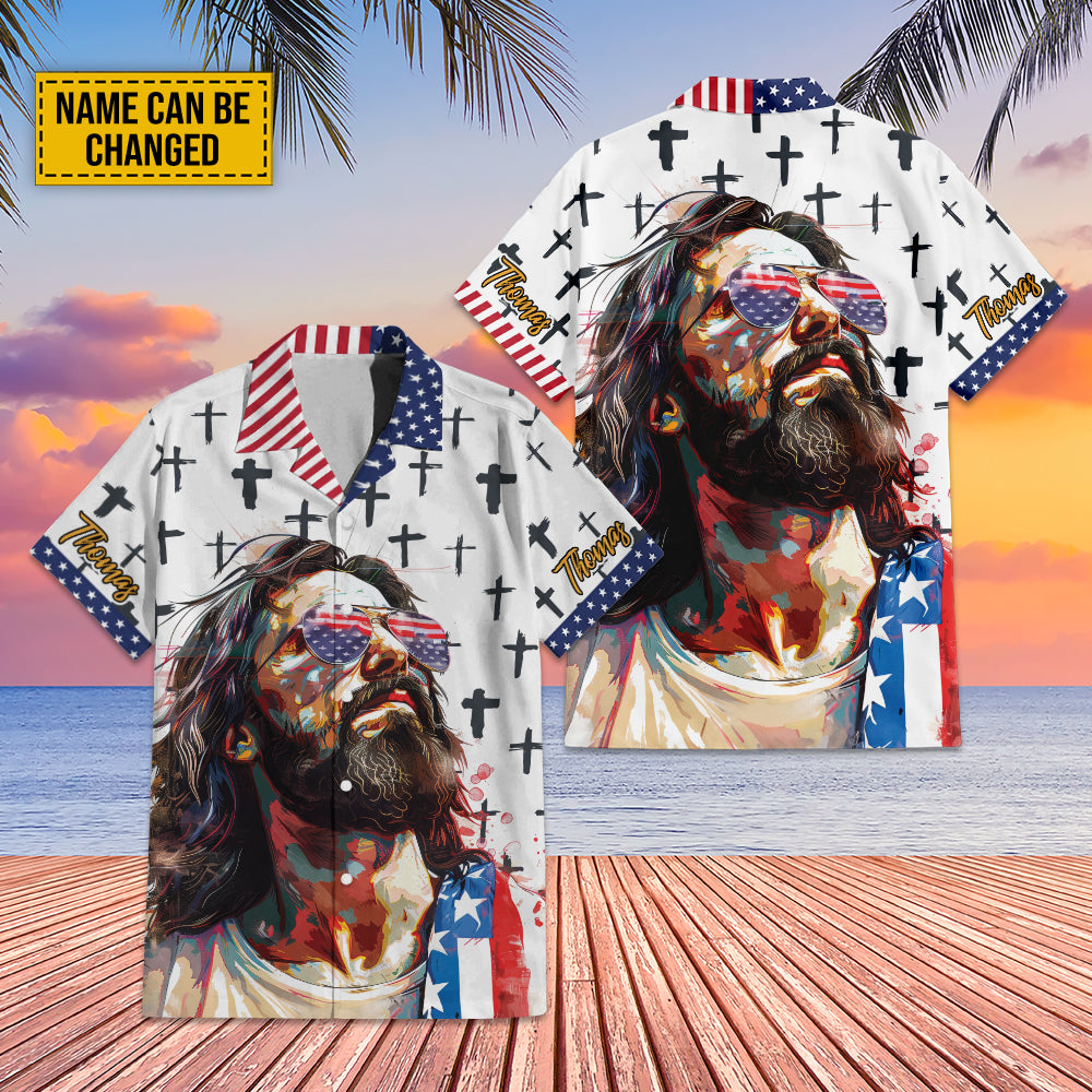 Teesdily | Custom Jesus Cross American Flag Hawaiian Shirt, God Sunglasses Summer Aloha Shirt, Cool Jesus Hawaii Set For Men, Independence Day Gifts