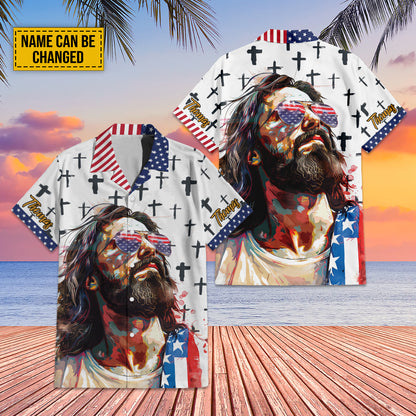 Teesdily | Custom Jesus Cross American Flag Hawaiian Shirt, God Sunglasses Summer Aloha Shirt, Cool Jesus Hawaii Set For Men, Independence Day Gifts