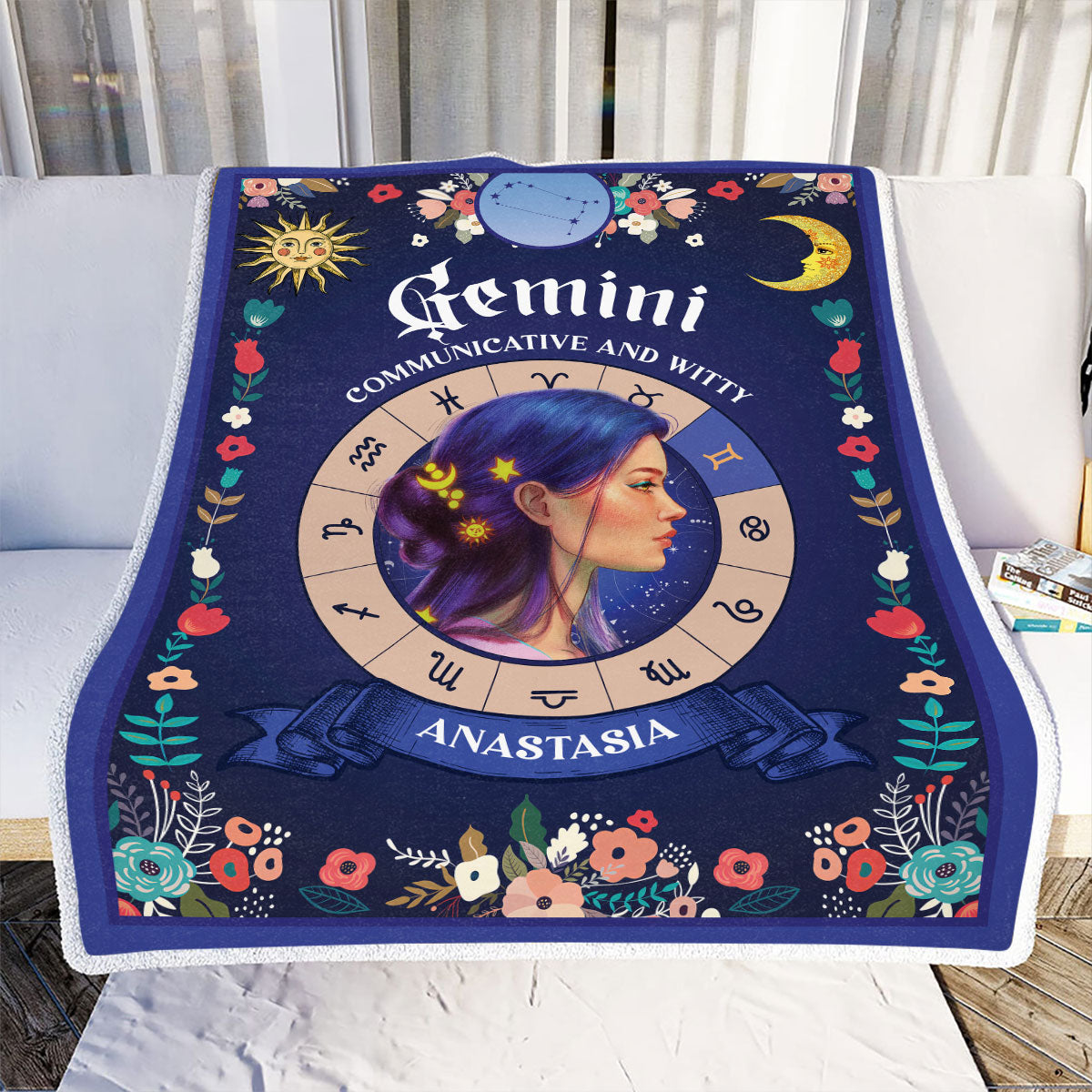 Teesdily | Gemini Zodiac Sign Characteristics Customized Blanket Communicative And Witty Sherpa Fleece Horoscope Design Astrology Gift Birthday