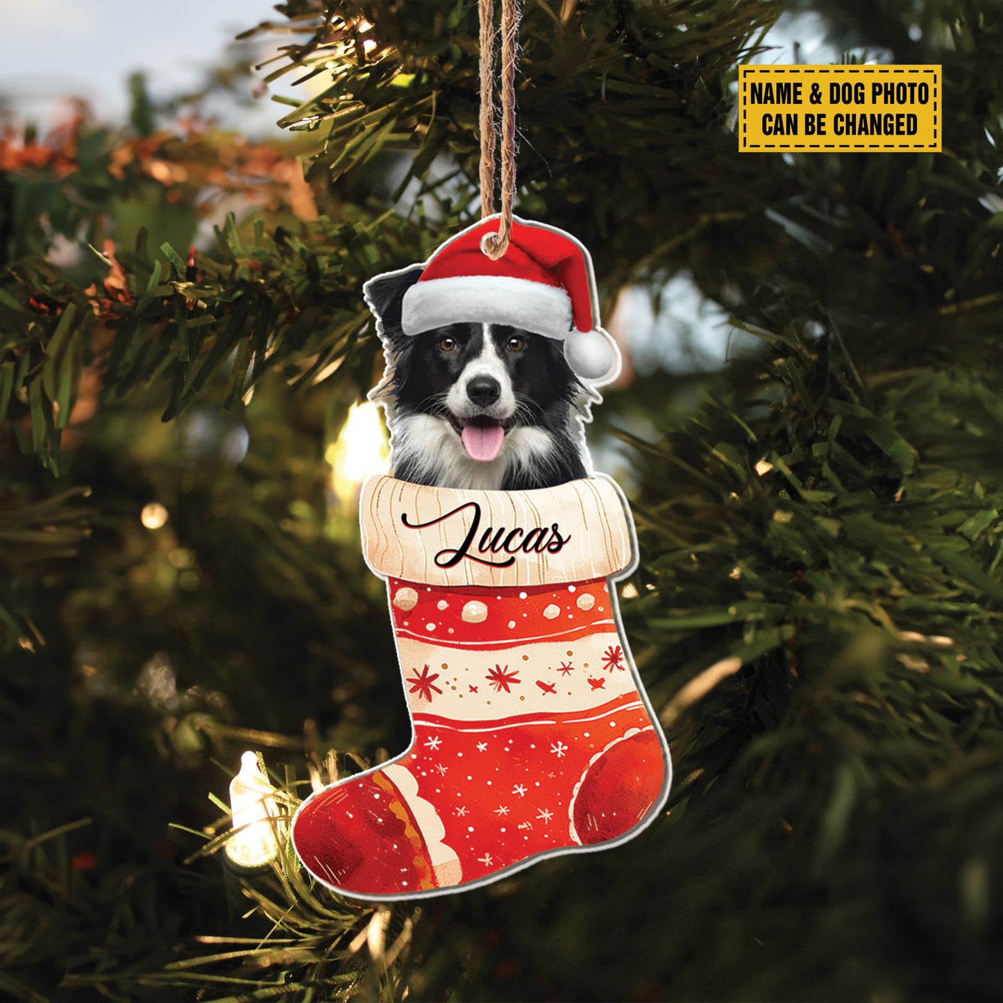 Teesdily | Customized Border Collie In Santa Stocking Ornament, Christmas Dog Ornament, Santa Pet Ornament Hanging Christmas Tree Decor, Dog Gift