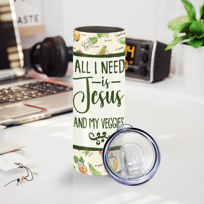 Teesdily | Christian Vegetarian Skinny Tumbler, All I Need Is Jesus And My Veggies Insulated Tumbler 20oz, Cute Vegetables Pattern Water Tumbler Gifts