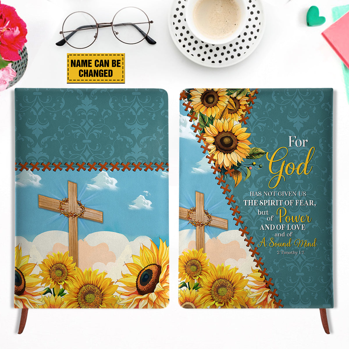 Teesdily | Personalized Christian Cross Sunflower Bible Notebook, For God Has Not Given Us Notebook, Journals For Writing, Christian Leather Journal