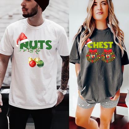 Teesdily | Chest Nuts Matching Christmas Shirt, Funny Couple Shirts, Christmas Couple Sweatshirt, Holiday Matching Family Gift