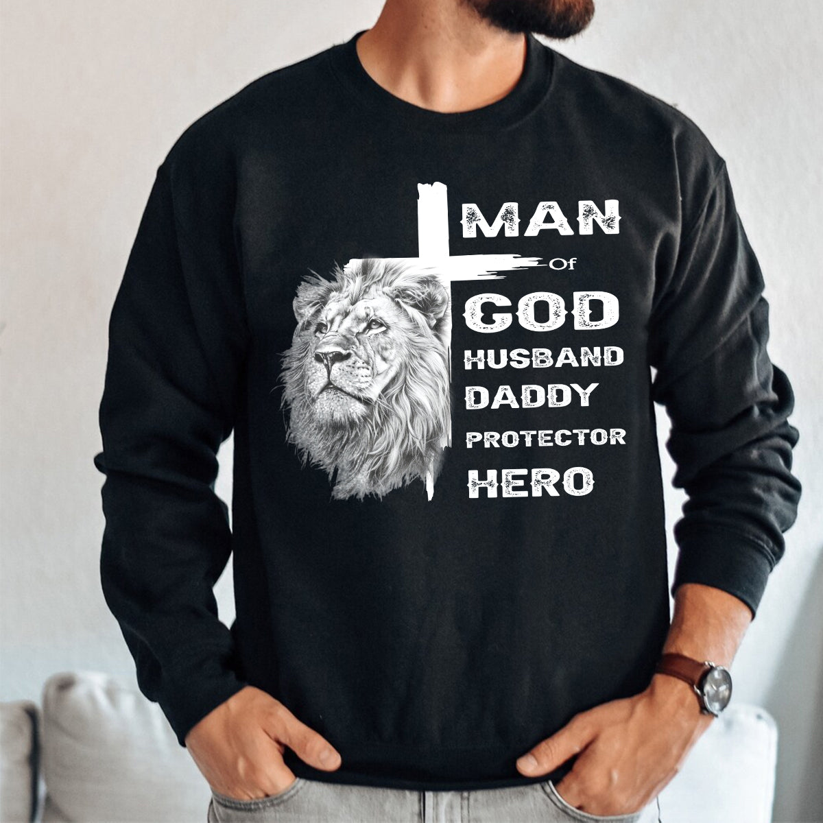 Teesdily | Jesus Lion Cross Shirt, Man Of God Husband Daddy Protector Hero, Jesus Lover Gift, Unisex Tshirt Hoodie Sweatshirt Mug