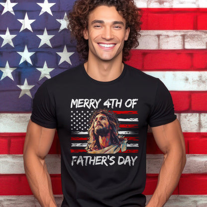 Teesdily | Jesus Dad American Flag T-shirt, Merry 4th Of Father's Day Sweatshirt, Happy Independence Day Gift, Dad Shirt Hoodie, Christian Mug Cup