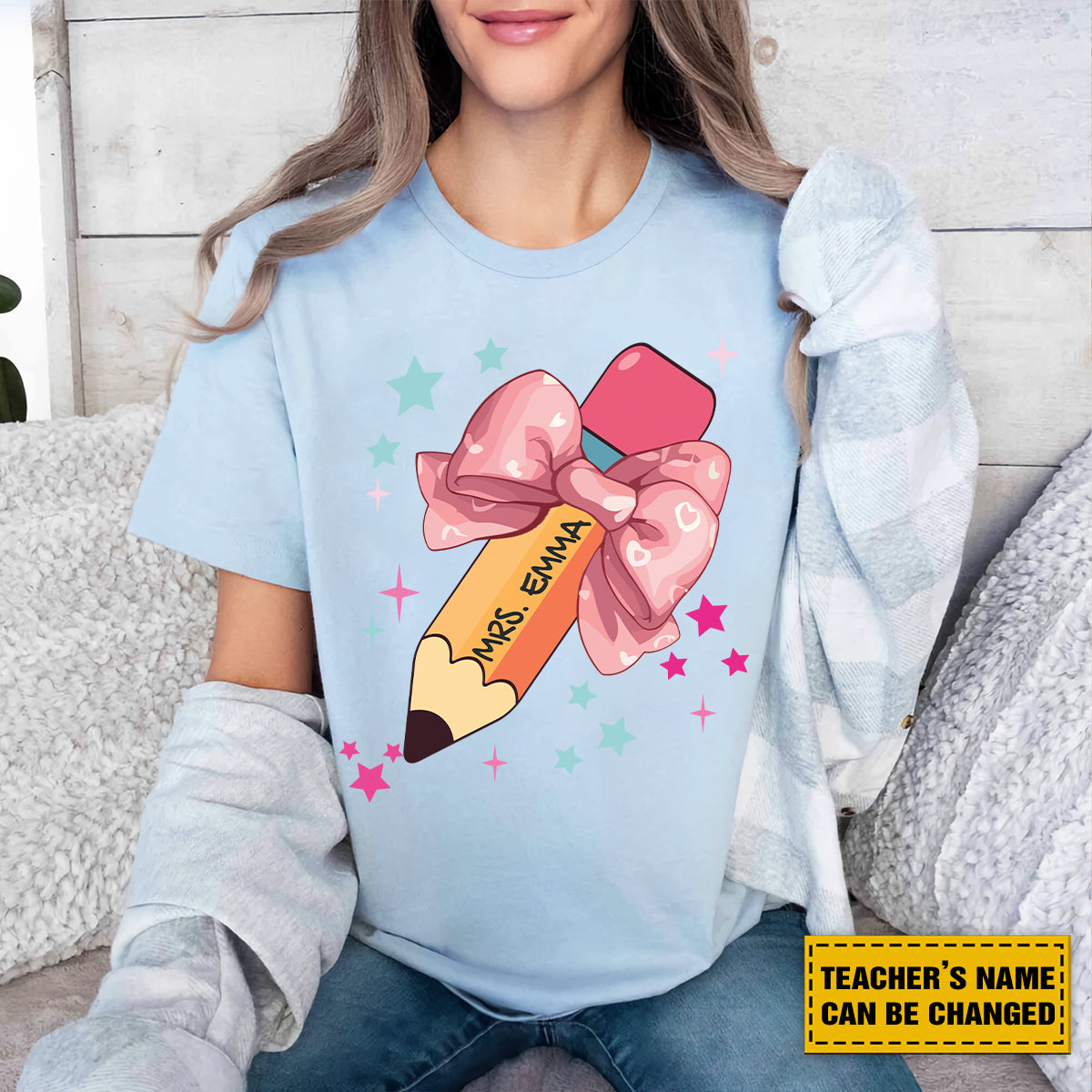 Teesdily | Teacher Pencil Bow Custom Name Shirt, Back To School Teacher Tshirt, First Day Of School Sweatshirt Hoodie, Gifts For Teacher Mug