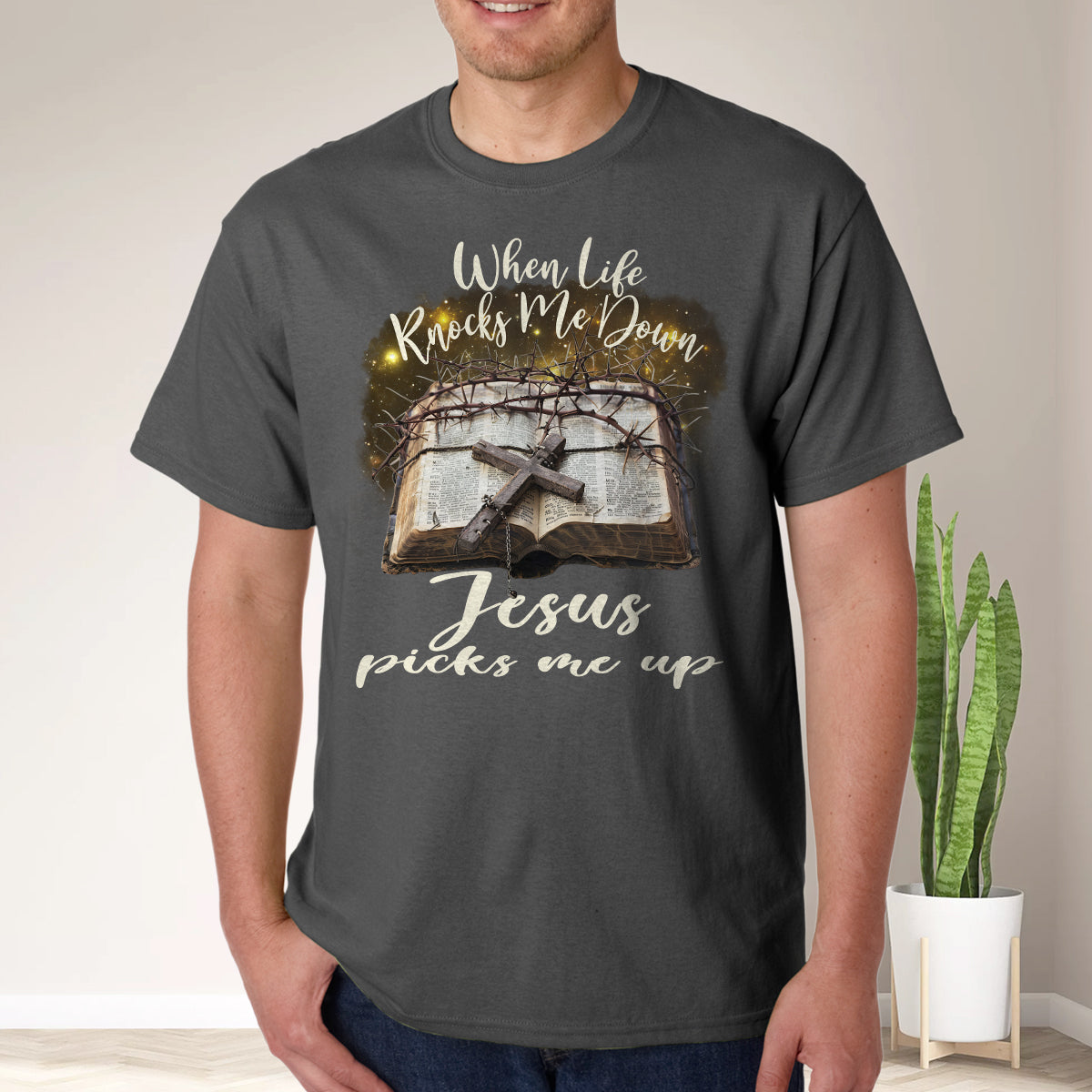 Teesdily | Jesus Cross Bible Book Shirt, When Life Knocks Me Down Jesus Picks Me Up, God Gift, Unisex Tshirt Hoodie Sweatshirt Mug