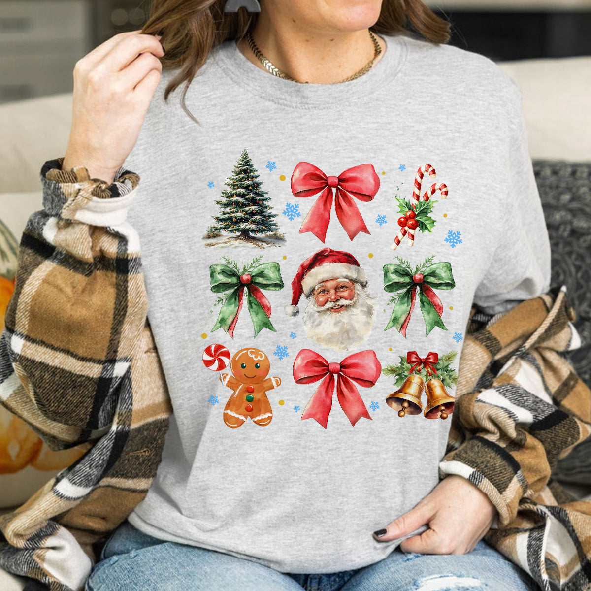 Teesdily | Retro Coquette Bow Christmas Shirt, Coquette Santa Gingerbread Sweatshirt, Christmas Tree Bow Coquette Hoodie Mug Gift