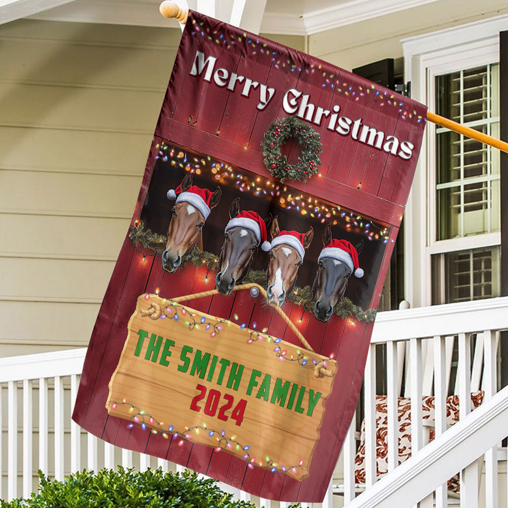 Teesdily | Custom Horse Christmas Flag, Merry Christmas Horse Barn Farm Garden Flag, Santa Horse Farming House Flag Christmas Gift