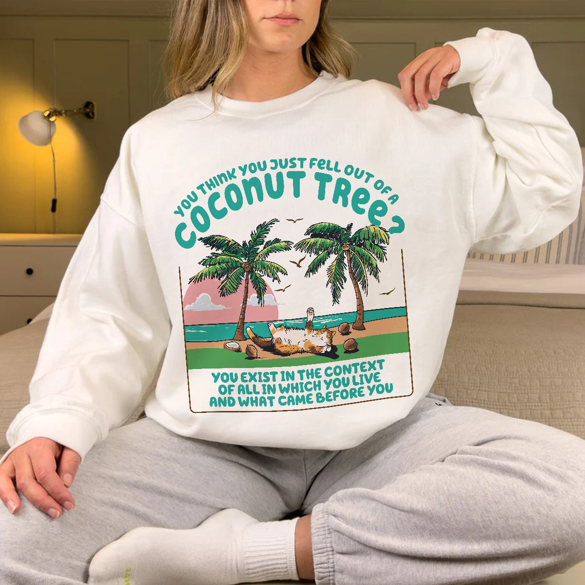 Teesdily | Funny Cat Coconut Tree Shirt, You Think You Just Fell Out Of A Coconut Tree Hoodie, Childless Cat Lady Sweatshirt Mug, Comma La Women Gift