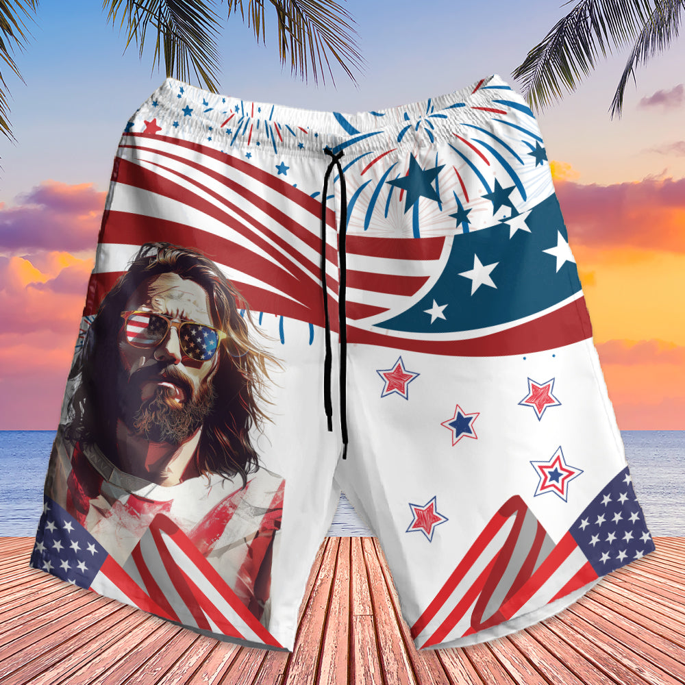 Teesdily | Jesus Top American Dad Hawaiian Shirt, God Sunglasses US Flag Pride Hawaii Shirt, Dad Summer Aloha Beach Outfit Set, Independence Day Gift