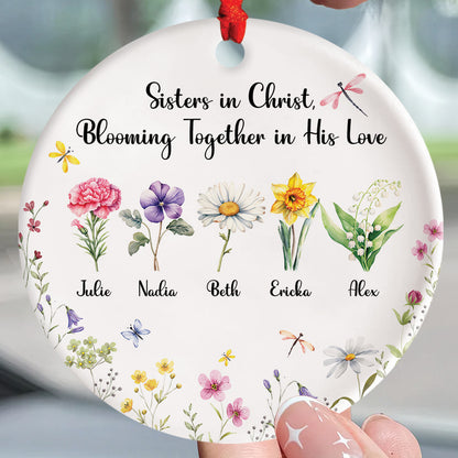 Teesdily | Jesus Christ Flowers Birth Month Ceramic Ornament, Sisters In Christ Blooming Together In His Love Christmas Ornament