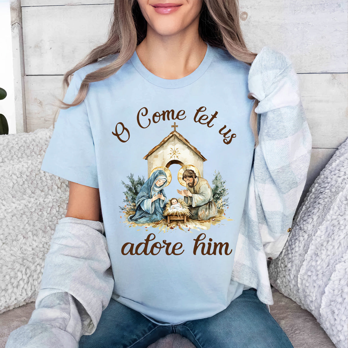 Teesdily | Nativity Scene Shirt, O Come Let Us Adore Him Shirt, Christmas Jesus Nativity Sweatshirt, Christian Birth Religious Hoodie Mug, Xmas Gift