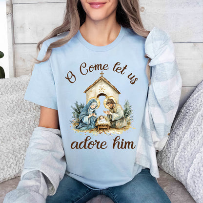 Teesdily | Nativity Scene Shirt, O Come Let Us Adore Him Shirt, Christmas Jesus Nativity Sweatshirt, Christian Birth Religious Hoodie Mug, Xmas Gift