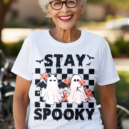 Teesdily | Cute Ghost Halloween Shirt, Stay Spooky Happy Halloween Tee Sweatshirt Hoodie Mug, Halloween Gifts, Spooky Retro Ghost Tee