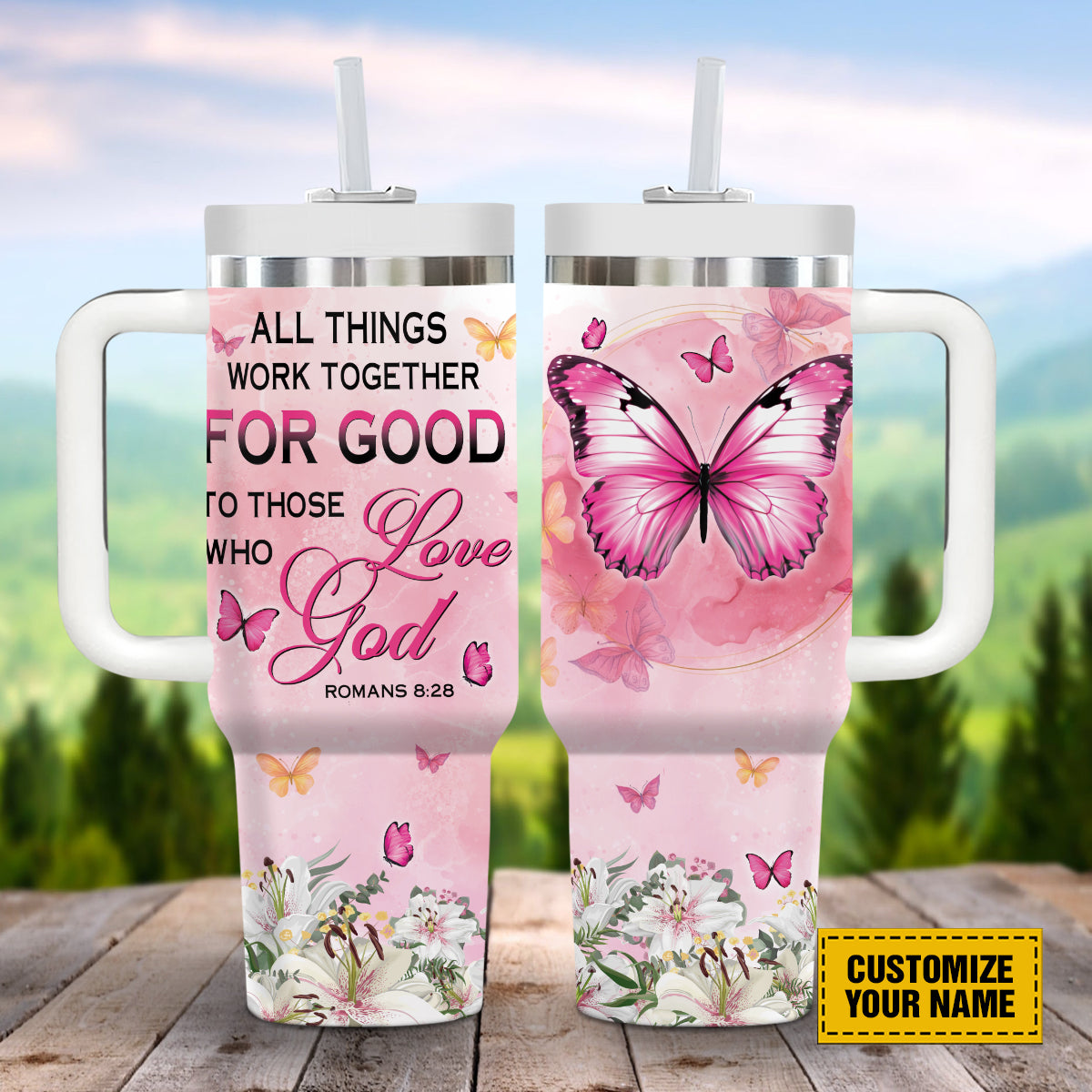 Teesdily | Customized Floral Butterfly Romans 8 28 Tumbler, All Things Work Together Travel Cup, Christian Gift For Girls 40oz Tumbler