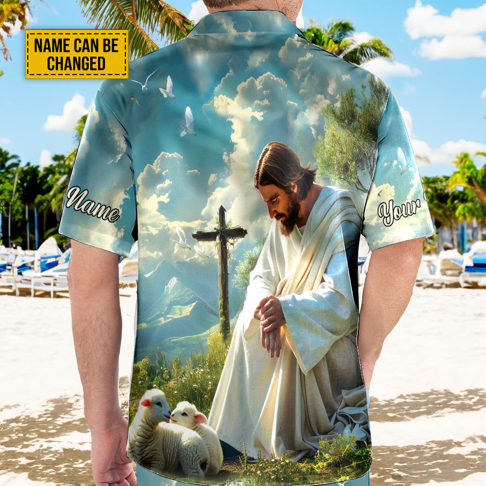 Teesdily | Customized Jesus And Lambs Hawaiian Shirt, God Is Good All The Time Hawaii Shirt, Lamb Of God Summer Aloha Set, Christ Religious Gifts