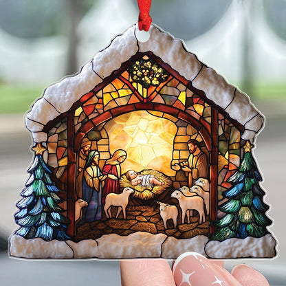 Teesdily | Nativity Scene Acrylic Ornament , Nativity Jesus Snowy House Christmas Ornament, Religious Jesus Lover Gift