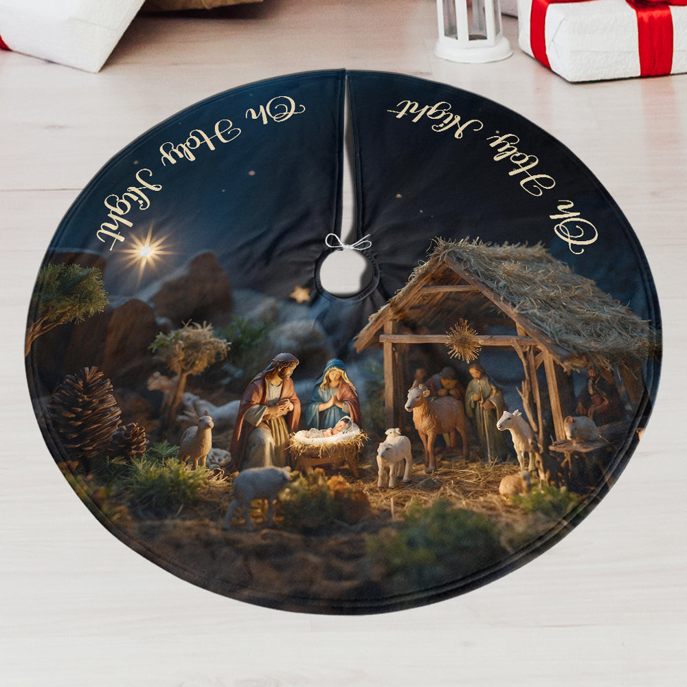 Teesdily | Jesus Nativity Scene Christmas Tree Skirt, Oh Holy Night Jesus Born Christmas Gift, Xmas Decoration, Jesus Lover Gift