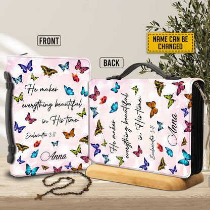 Teesdily | God Bible Verse Butterfly Leather Bible Cover He Makes Everything Beautiful In His Time Bible Book Cover Christian Gifts For Women Faith