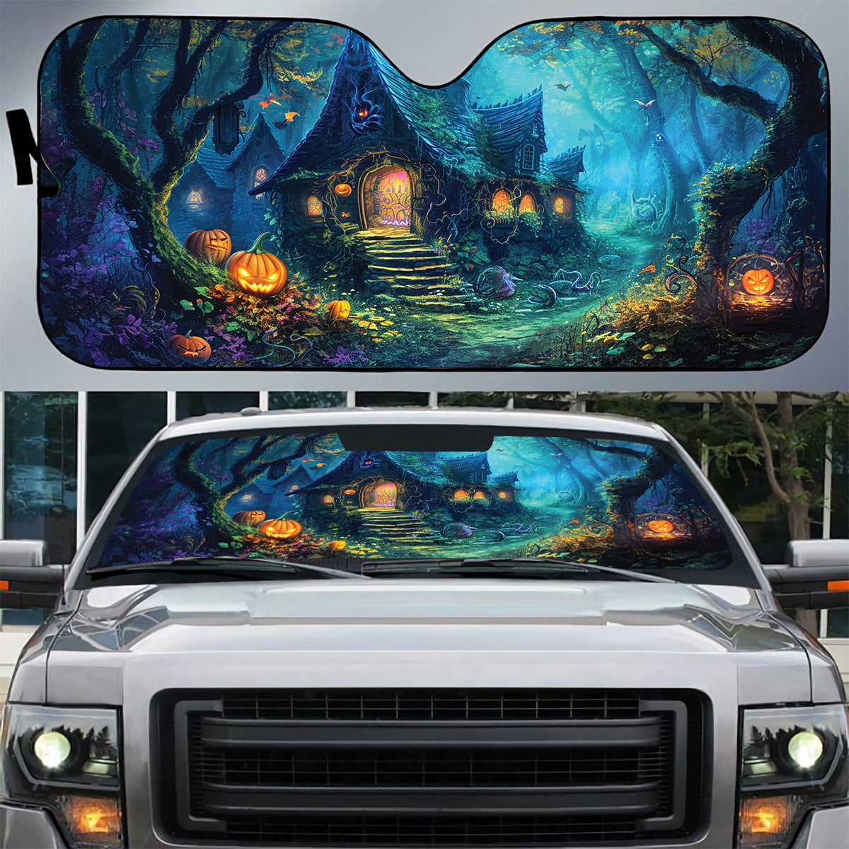 Teesdily | Halloween Hanted House Car Sunshade, Pumpkin Halloween Auto Sunshade, Witch House Garden Car Windshield Sunshade, Halloween Decoration