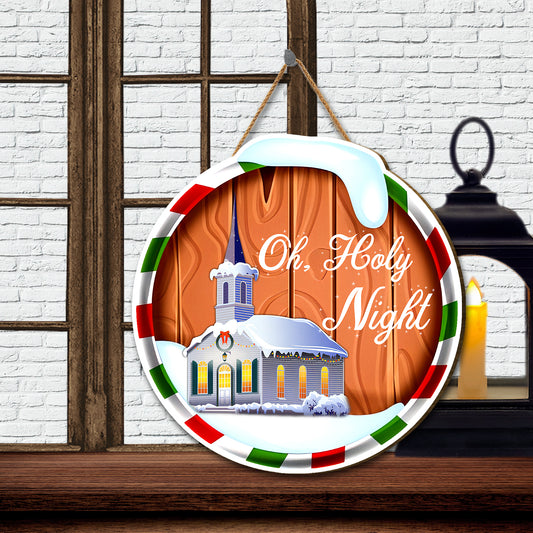 Teesdily | Merry Christmas Round Wood Sign, Holy Night Church Christmas Wooden Sign, Christian Door Decoration Christmas Gifts, Family Door Sign