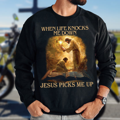 Teesdily | Jesus Saves Life Holy Bible Shirt, When Life Knocks Me Down Jesus Picks Me Up Sweatshirt Hoodie Mug, Jesus Lovers Gifts, Christian Shirt