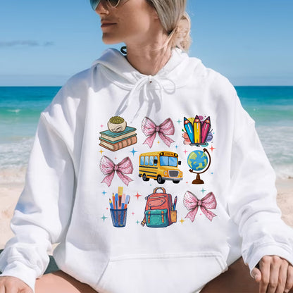 Teesdily | Coquette School Shirt, Back To School Shirts, Teacher Coquette Pink Bow Sweatshirt Hoodie Mug, First Day Of School, Teacher Appreciation