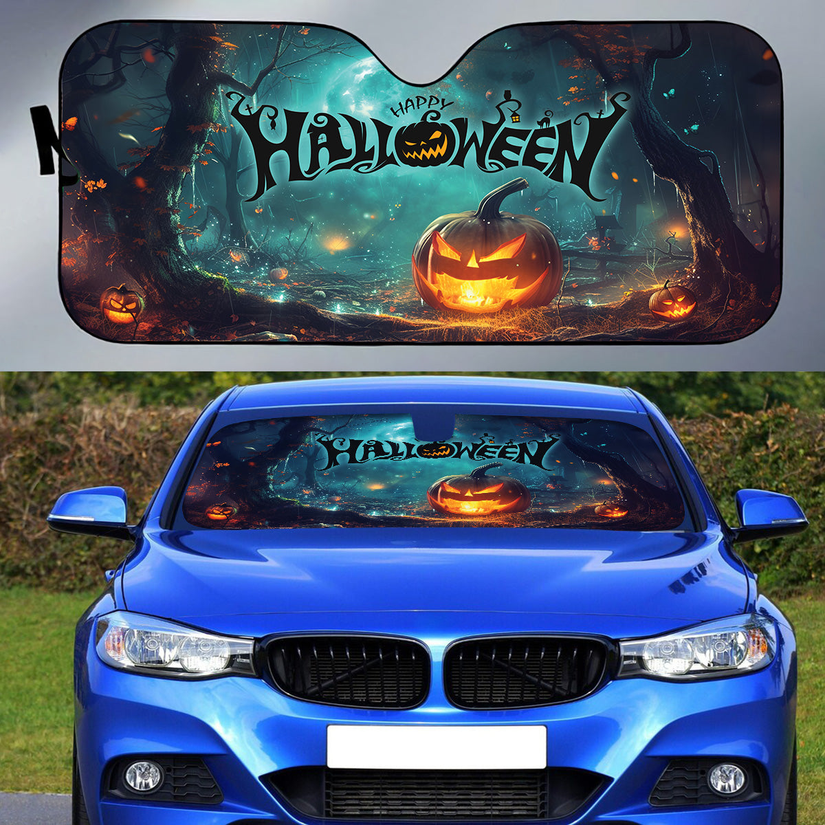 Teesdily | Happy Halloween Car Sunshade, Pumpkin Car Window Sunshade, Halloween Moon Night Windshield Sun Shade, Car Decor, Halloween Gift