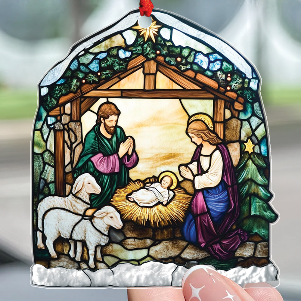 Teesdily | Nativity Scene Acrylic Ornament , Nativity Jesus Snowy House Christmas Ornament, Religious Jesus Lover Gift