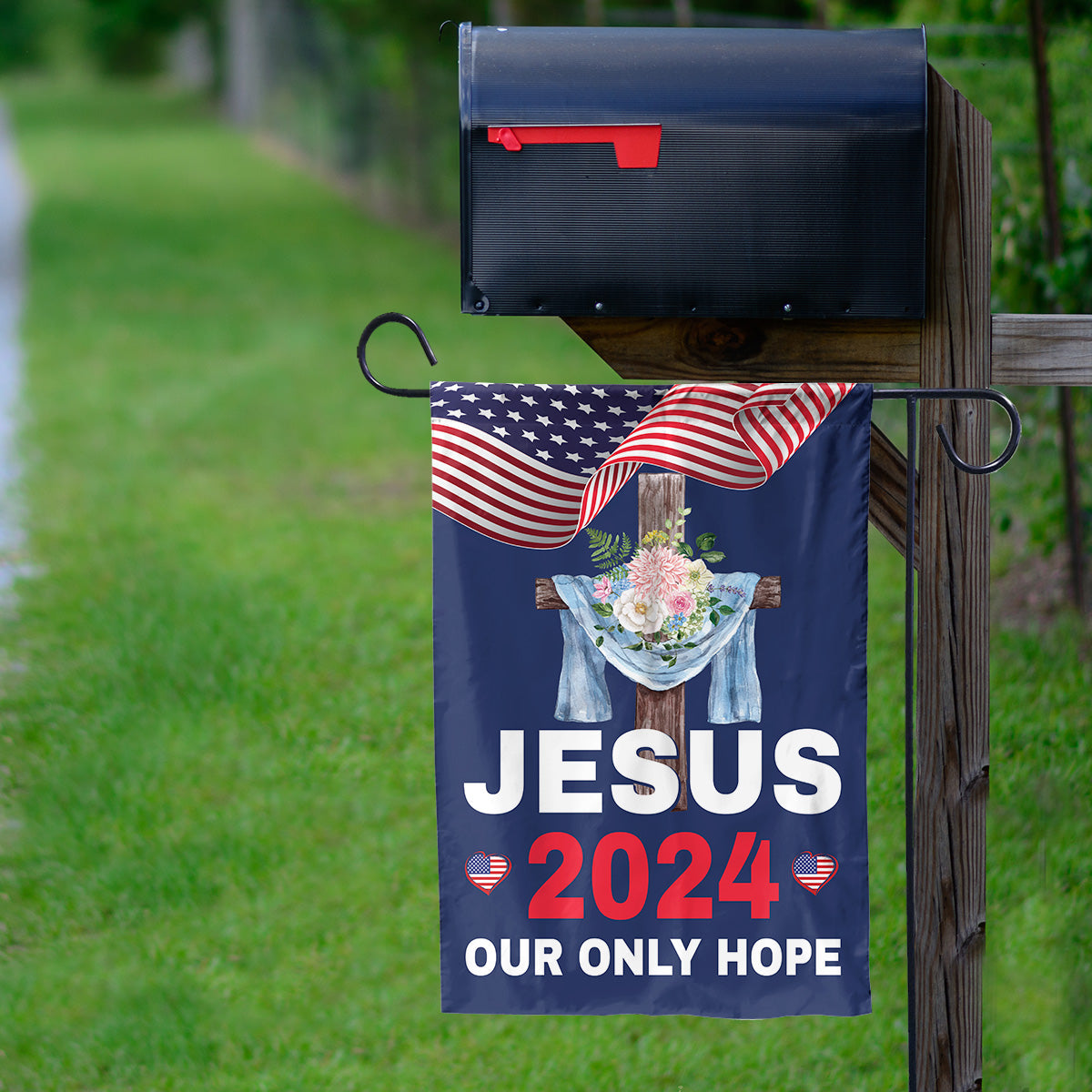 Teesdily | Jesus 2024 Our Only Hope Garden Flag, Christ Cross Flower American Flag, God Patriotic House Flag, Outdoor Yard Decor, Jesus Lovers Gift