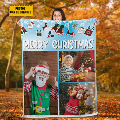 Teesdily | Merry Christmas Picture Blanket Personalized Photo Christmas Keepsake Custom Image Blanket Fleece Throws Gift For Kid Family Friends