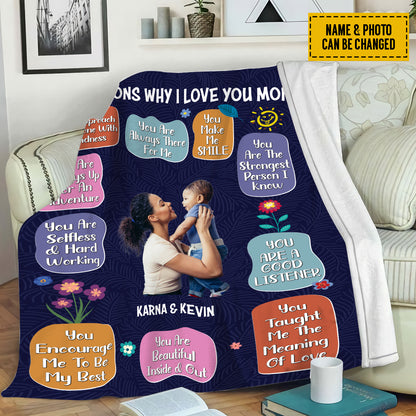 Teesdily | Personalized Photo Happy Mothers Day Blanket 10 Reasons Why I Love You Mom Sherpa Fleece Blanket Mommy Heartwarming Gift From Son Daughter