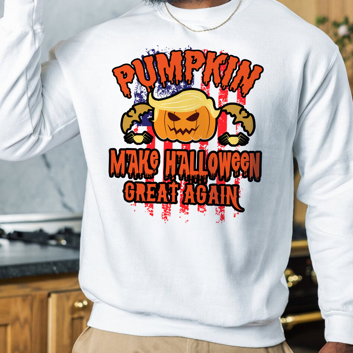 Teesdily | Halloween American Flag Pumpkin Shirt, Pumpkin Make Halloween Great Again T-shirt, Pumpkin Halloween Sweatshirt Hoodie Mug, Holiday Gifts